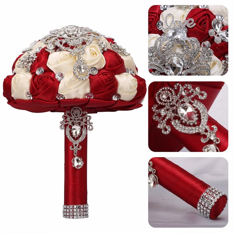 现货欧式婚礼新娘水钻手捧花束婚礼用品仿真玫瑰新娘手捧花W385