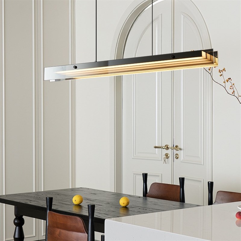 悬浮升降餐厅吊灯现代简约电镀光影玻璃轻奢吧台饭桌一字超长条灯