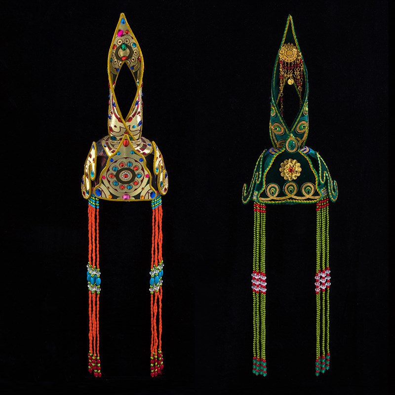 蒙古高帽子女士舞蹈走q秀演出民族尖顶头K饰金色摄影写真婚礼服饰