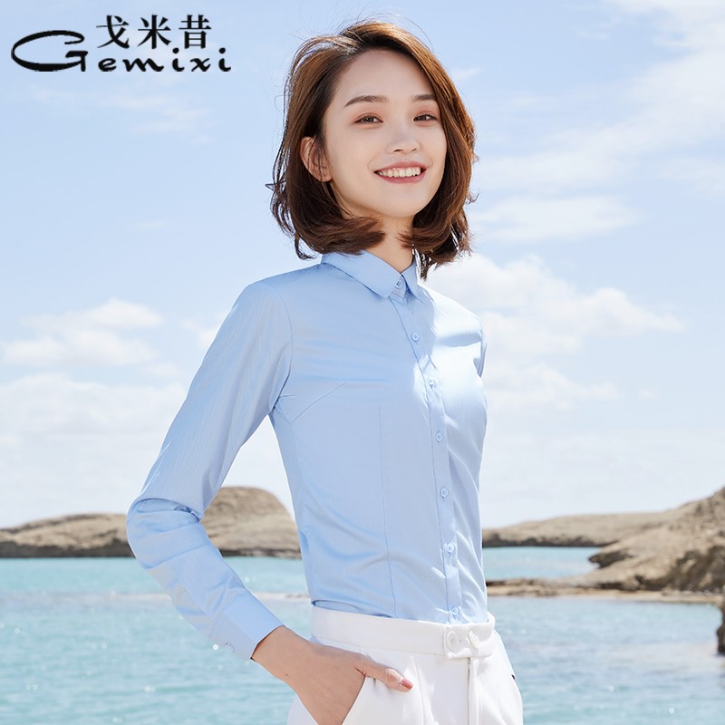 斜纹蓝色衬衫女i长袖职业2021春秋新款面试正装工装工作服白色衬