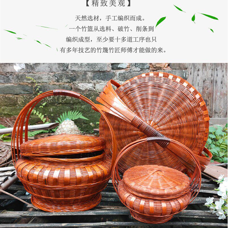 竹编提篮家用圆形带盖大号拜神z篮竹制品收纳筐鸡蛋篮竹篮子采摘