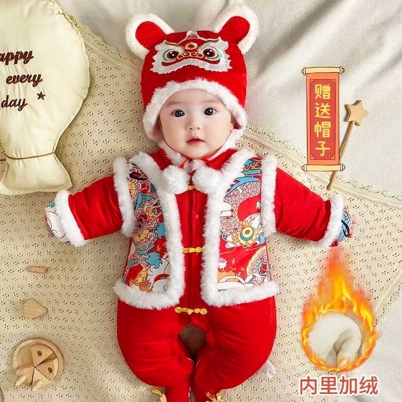 国风带帽连体衣新生婴儿拜年服y冬季加厚加棉红哈衣男女宝宝过新