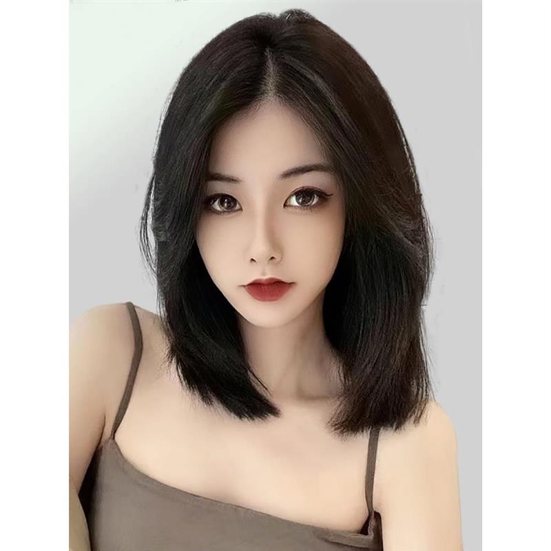 假发短发女真发全真人发时尚蓬松中分锁骨发全头T套蕾丝无痕假发