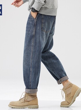 hansca春秋款深蓝色牛仔裤男士春季潮牌复古美式宽松直筒长裤子男