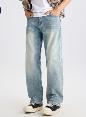 沐丘男装∣竹节纹弹力复古水洗牛仔裤男宽松直筒美式通勤痞帅长裤
