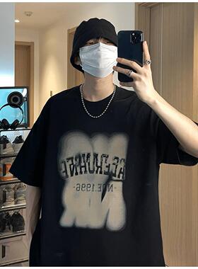 欧美潮牌重磅T恤男士纯棉大学生二本针短袖男款潮流痞帅7分半袖衫