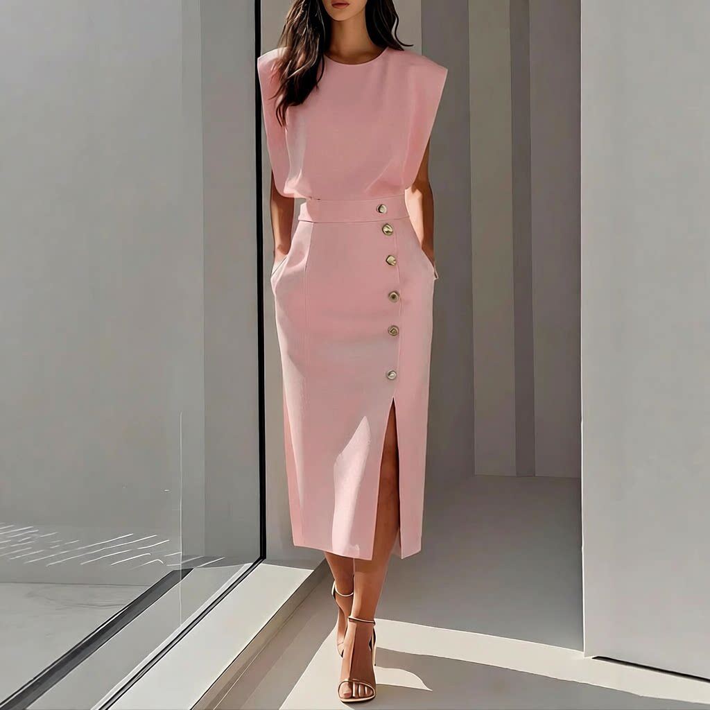 欧美时尚御姐风色圆领收腰开叉金属钮扣夏季连衣裙女