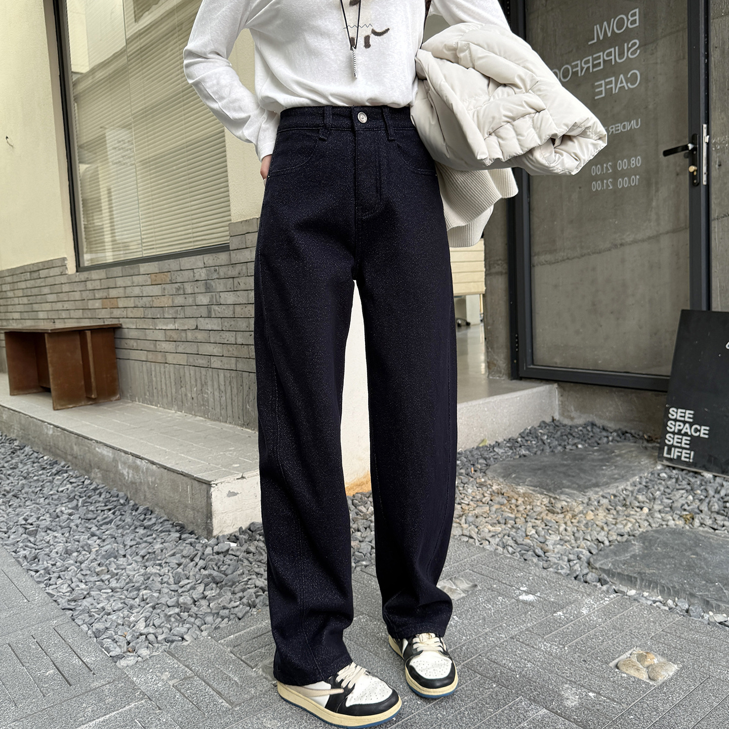 裤型超绝~深蓝色加绒阔腿弯刀裤