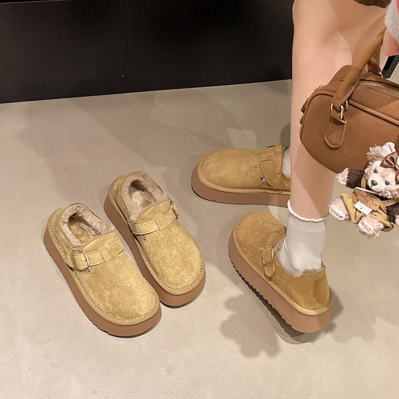 厚底勃肯鞋女冬季外穿加绒豆豆鞋