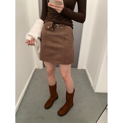 黄峥辣妹高腰麂皮绒半身裙女秋冬