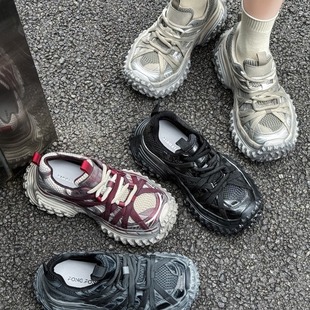 巴家蜘蛛老爹鞋 潮 女2024软皮复古做旧脏脏轮胎榴莲厚底休闲运动鞋