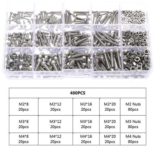 480pcs M2/M3/M4 DIN912 304不锈钢圆柱头内六角螺丝配螺母套件