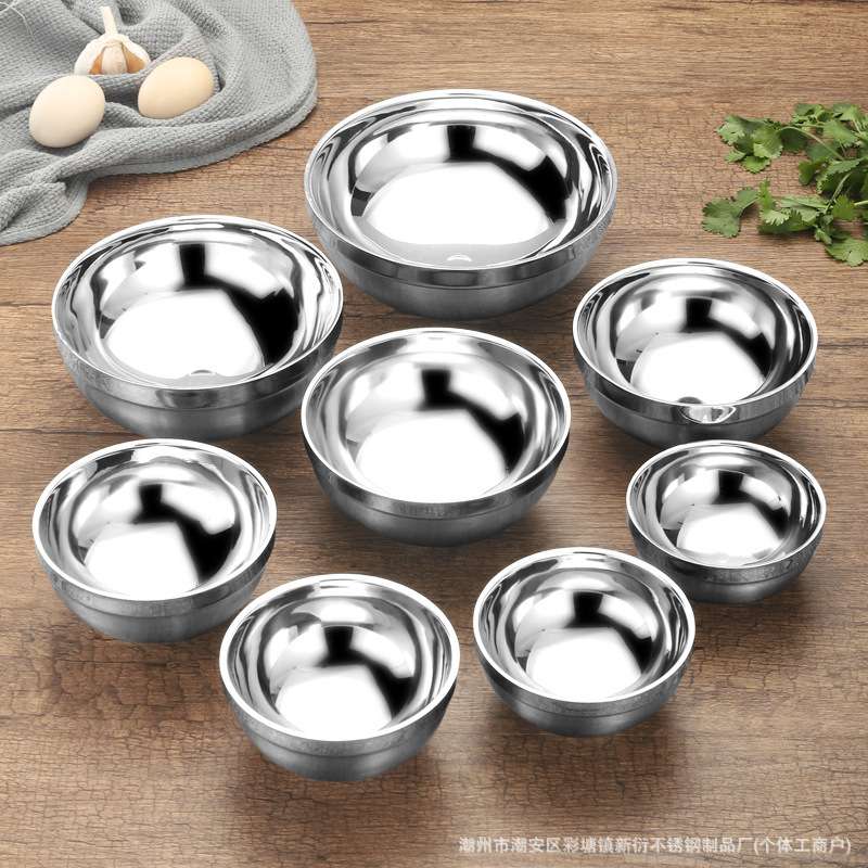 学校食堂快餐饭店米饭碗加厚不锈钢碗套装防烫双层砂光碗家用汤碗