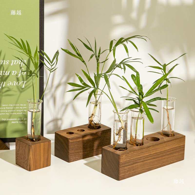 创意胡桃木玻璃试管花瓶水培植物容器干花方形小花器桌面小摆件