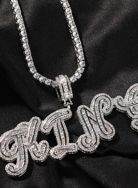 欧美风镶钻草书梯方p字母吊坠项链潮流炫酷英文字母项链嘻哈