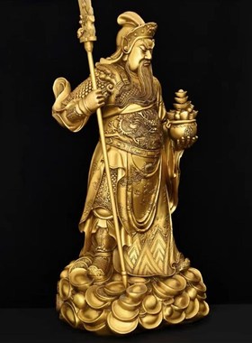 关公摆件黄铜托宝立刀武财神铜像家居供奉大号关公关羽武财神