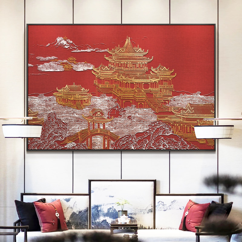 新中式餐厅背景墙装饰画5d立体浮雕酒店饭厅高级感大气壁挂画客厅