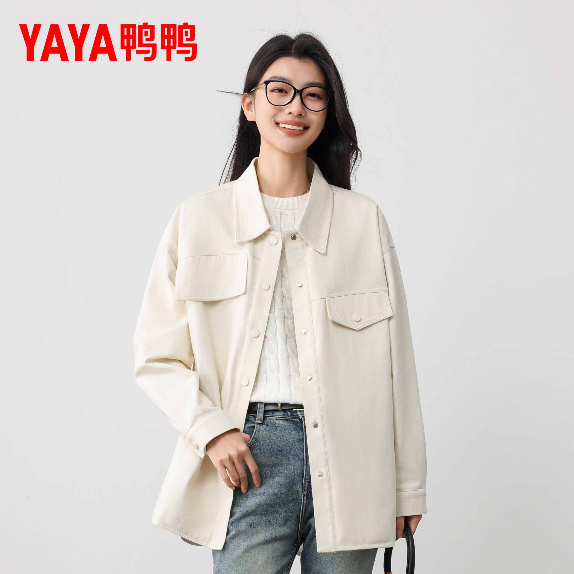 鸭鸭轻薄羽绒服女2025秋冬衬衫领中长款简约宽松90鸭绒百搭外套