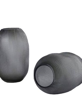 简约现代灰色玻h璃花瓶 客厅玄关创意摆件钻石切割面厚重颗粒花器