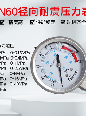 Y60全不锈钢耐震压力表径向油压水压气压0-0.1/60MPA多量程防腐