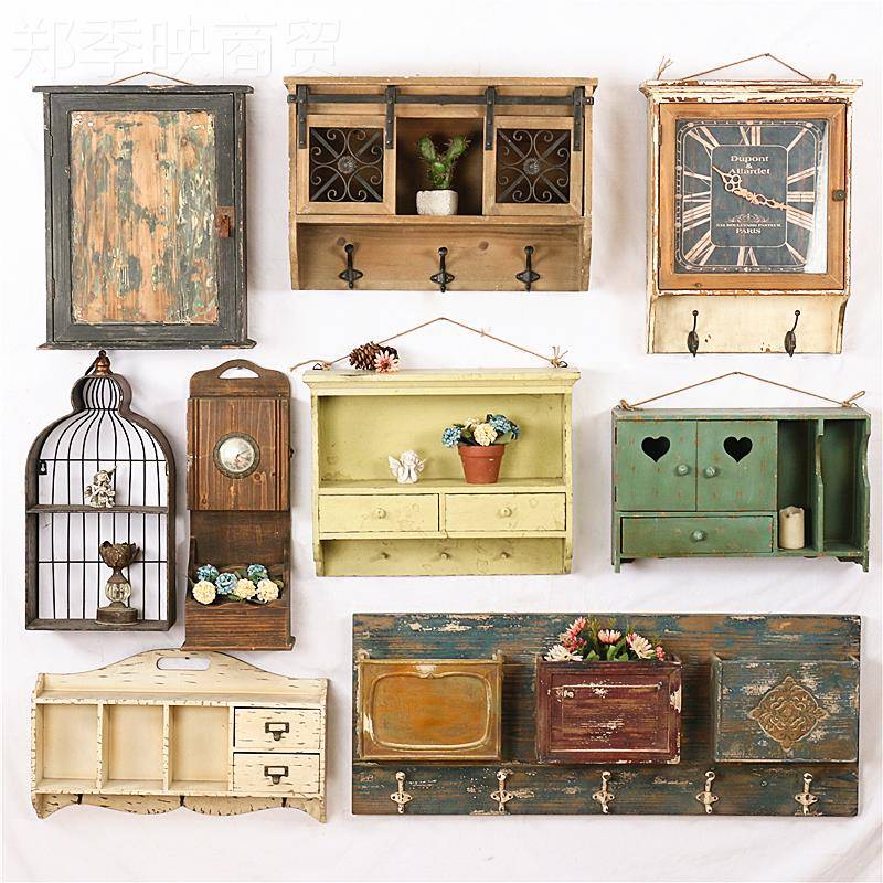 #美式复古板做旧物实木储置物壁柜吊架柜衣DVR帽挂钩民宿样间创意