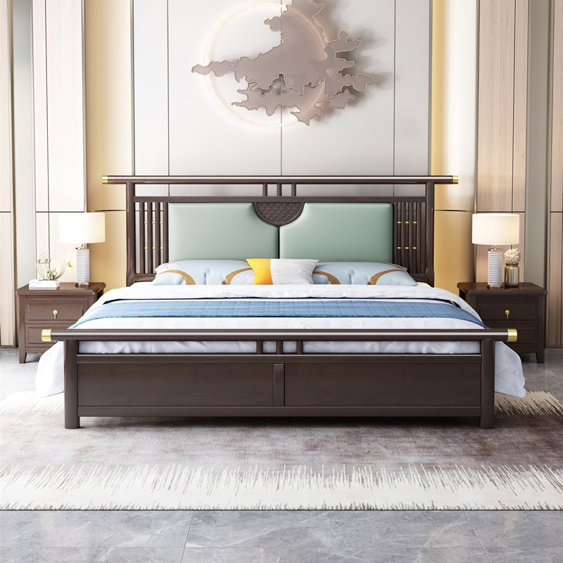 实木新中式双人床家用大床1.8米主卧软靠木质大床现代简约床头柜