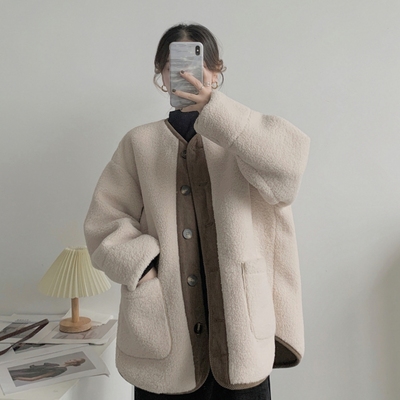 羊羔毛外套女2025年冬季新款小个子宽松加厚皮毛一体鹿皮绒中长款