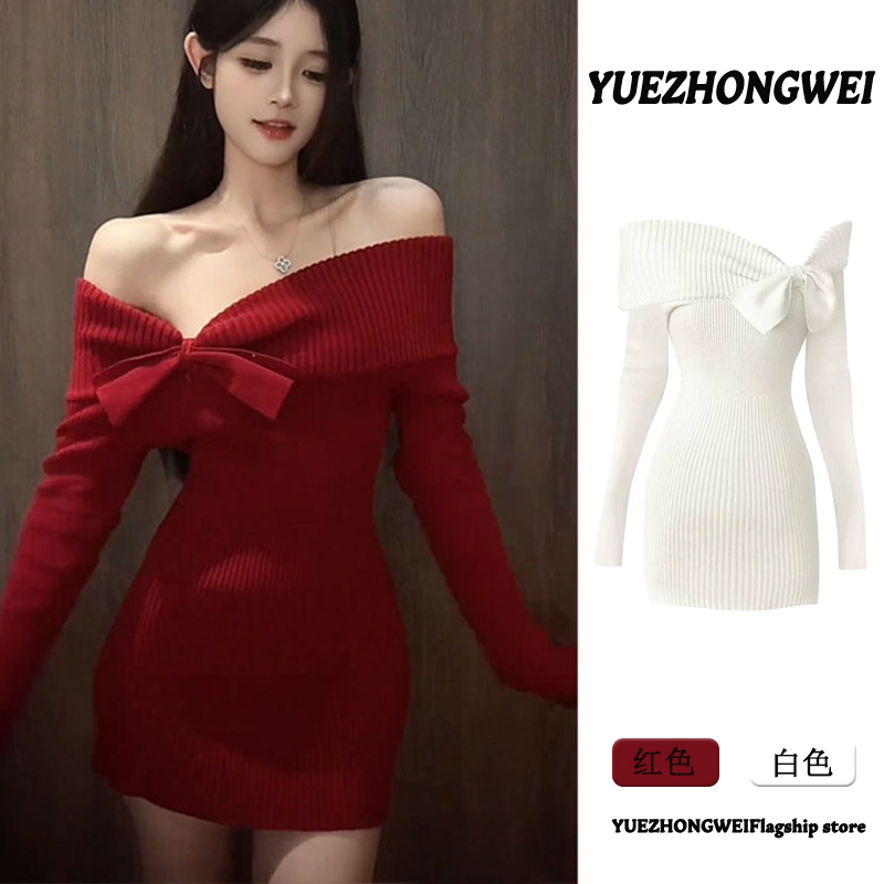圣诞节新年战袍红色一字肩蝴蝶结针织连衣裙女秋冬修身包臀短裙子