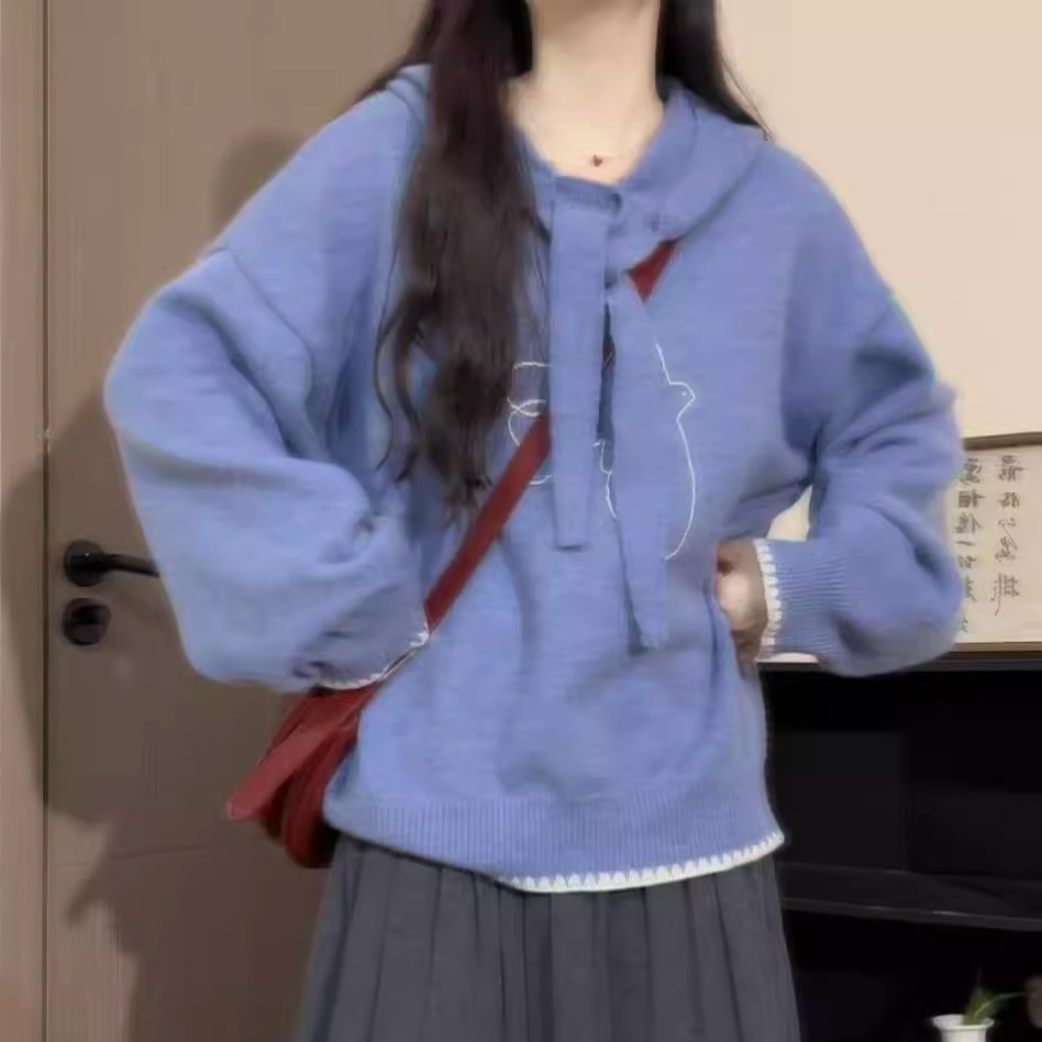 蓝色系带连帽飞鸟刺绣针