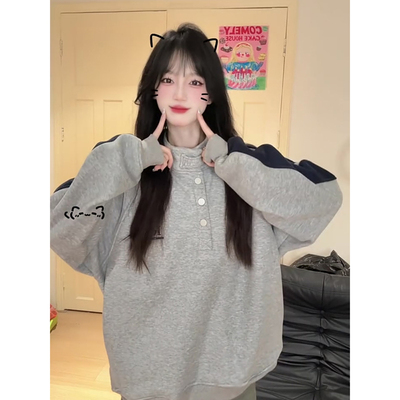 港风撞色立领卫衣女秋冬潮牌加绒加厚宽松无帽长袖上衣高级感外套