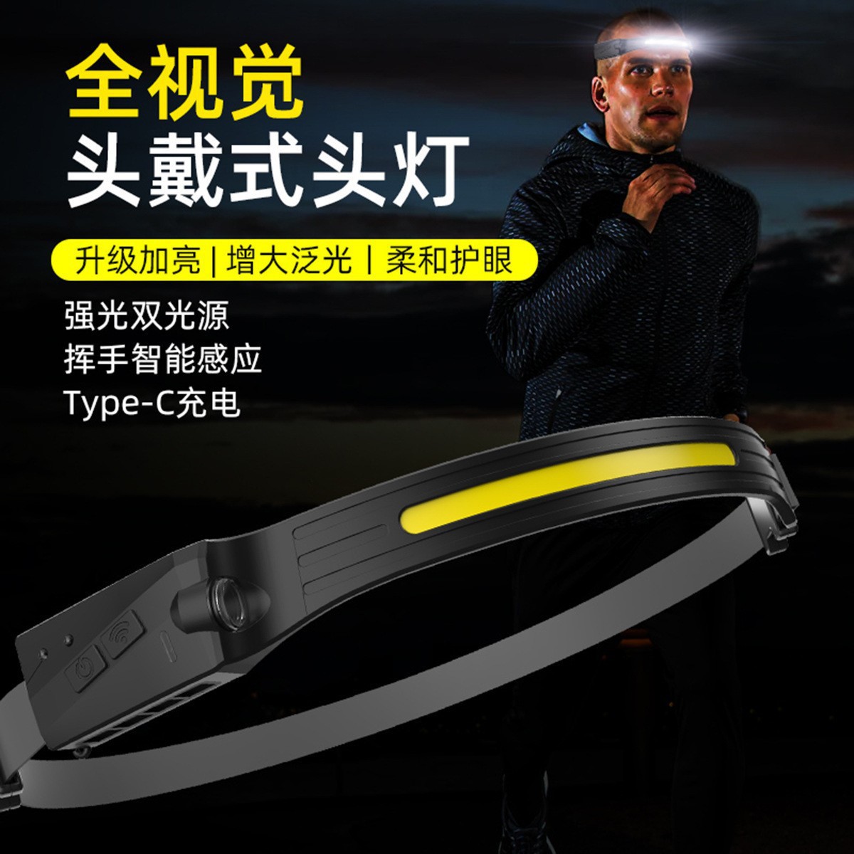 户外骑行灯硅胶挥手感应OB头灯USB充电夜跑步灯LED强光头灯