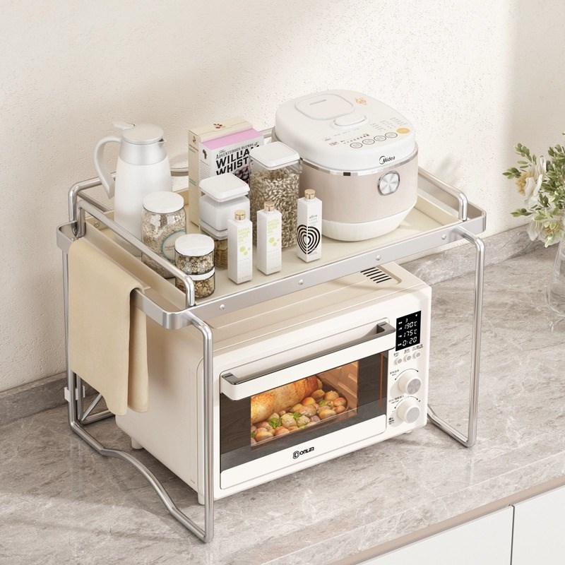 奶油风厨房微波炉置物架烤箱架家用双层台面收纳支架电饭锅置物架