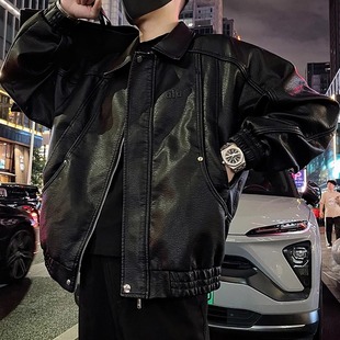 秋冬季美式皮衣夹克男款高级感翻领痞帅加绒保暖冬季短款大码外套