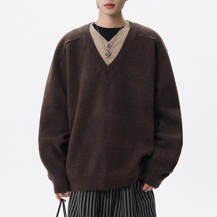 咖色假两件拼接V领针织衫男秋冬慵懒老钱风宽松套头打底毛衣,男装,针织衫/毛衣,淘宝优惠券,粉丝福利购,淘宝优惠卷