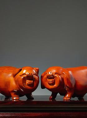 花梨木雕福猪摆件一对木质生肖猪电视柜家居装饰玄关乔迁创意礼品