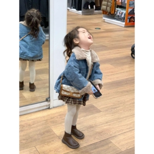 儿童加绒夹克2023秋冬装男女童韩版灰兔毛内里保暖加厚牛仔外套