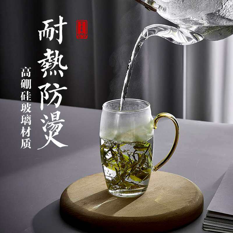 带把单层玻璃泡茶杯女士办公室喝茶杯子家用夏季大容量绿茶杯套装