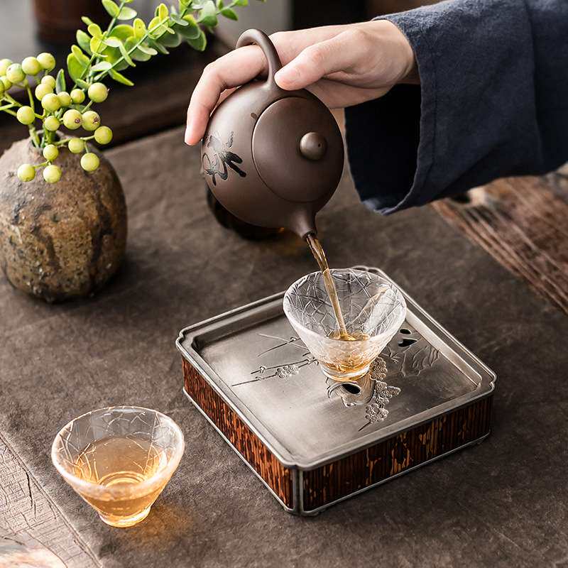 老锡壶承八方蓄水茶盘盖碗干泡台古篱湘妃竹古锡壶承干泡茶品