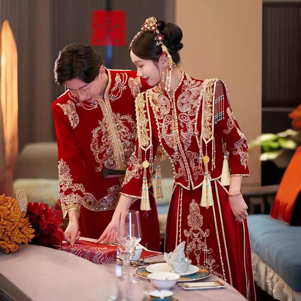 秀禾服婚服新娘新品新款高端红色丝绒中式婚服出阁龙凤褂嫁衣秀和