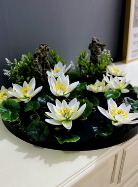 酒店大圆桌中间转盘摆花餐t桌摆件中式桌花睡莲荷塘月色微景观桌