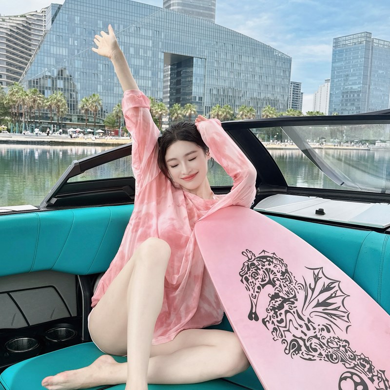 2024新款泳衣女三件套罩衫遮肉显瘦分体韩版遮肚长袖粉色显白温泉