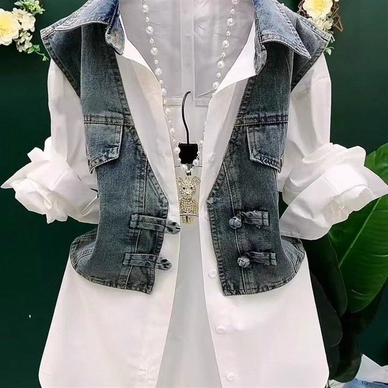牛仔马甲拼接衬衫假两件套s女时尚polo领纽扣衬衣秋季洋气盘扣衬