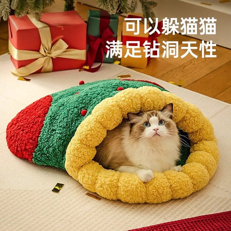 猫窝冬季保暖半封闭式狗窝圣诞款深度睡眠猫咪可钻隧道被窝猫睡袋