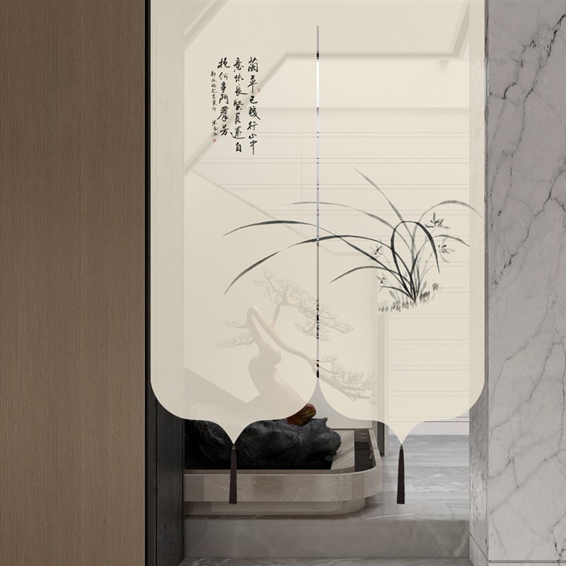 现代中式门帘隔断窗n家用半透明透景帘子卧室厨房化妆室免打孔布