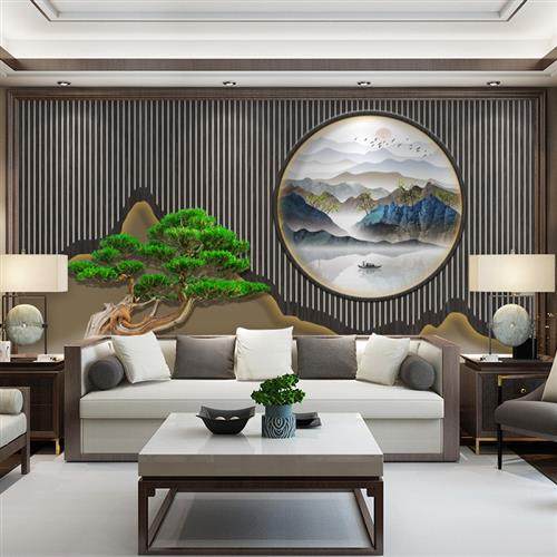 8d新中式e电迎背馆墙纸养生景高级装修背景墙布视客松客厅