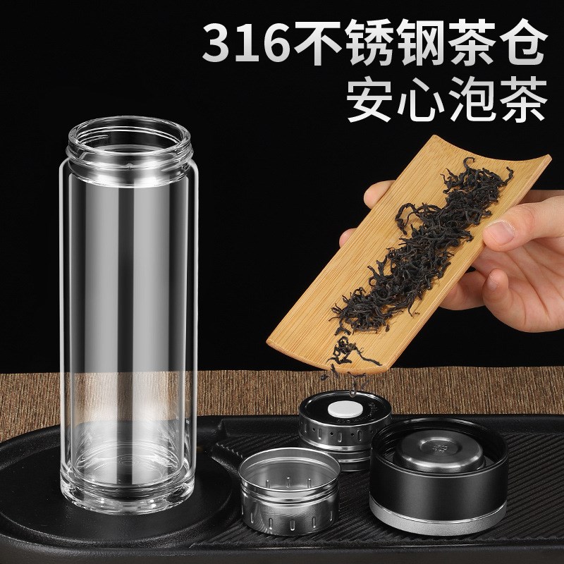 新款双层智能测温玻璃p水杯防烫隔热加厚大容量男款商务茶水分离