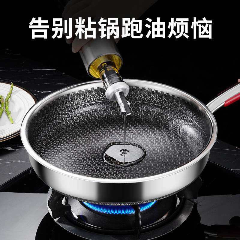 家用厨房316不锈钢煎锅双面屏蜂窝平底锅带盖不粘煎炒锅代发