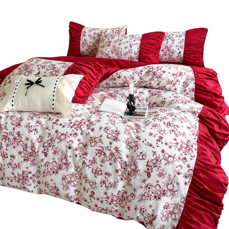 中式新婚结婚四件套大红色床单被套婚庆床上用品婚房喜被