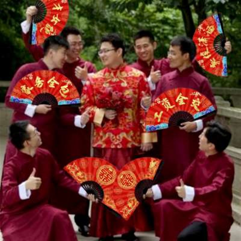 新款绢布中国风婚庆结婚折扇伴郎团新郎迎亲扇子中式伴郎接亲婚礼