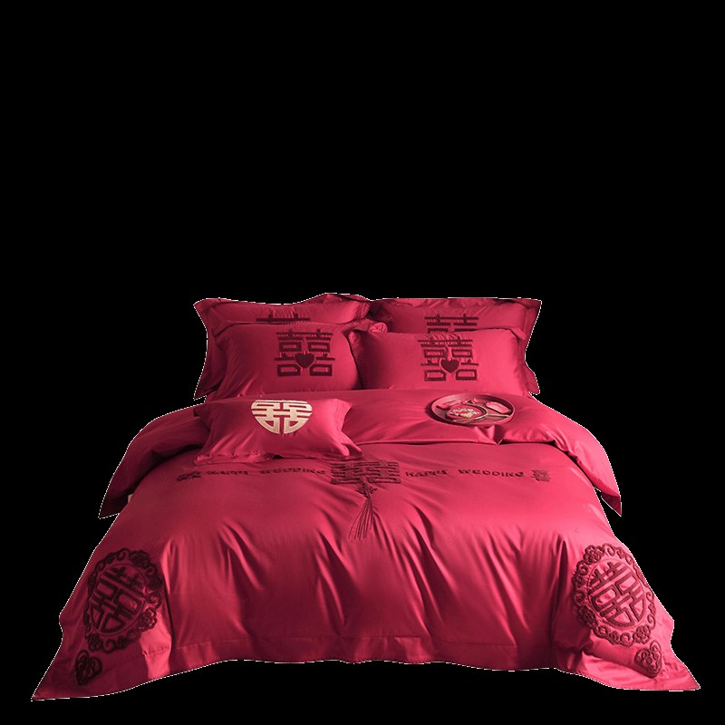 婚庆四件套毛巾绣中式大红色床单喜被套结婚房嫁床上用品